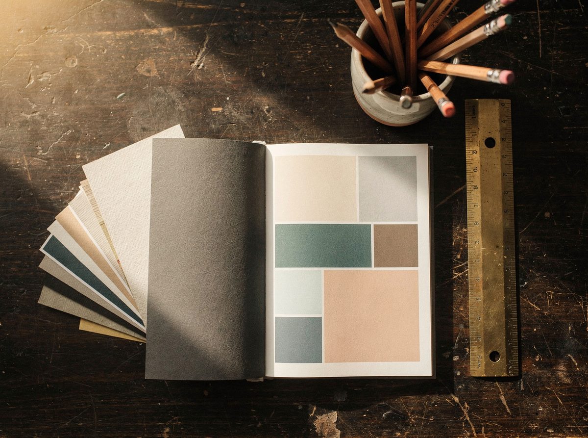 Overhead flat-lay of a brand guideline book, paper swatches and a brass ruler on a studio table